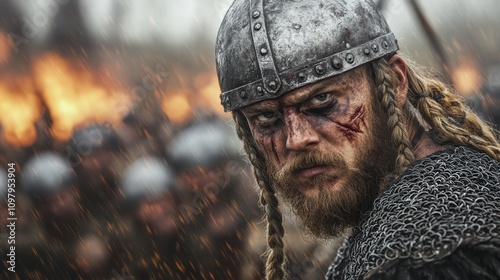 Closeup of viking warrior in battle with intense expression