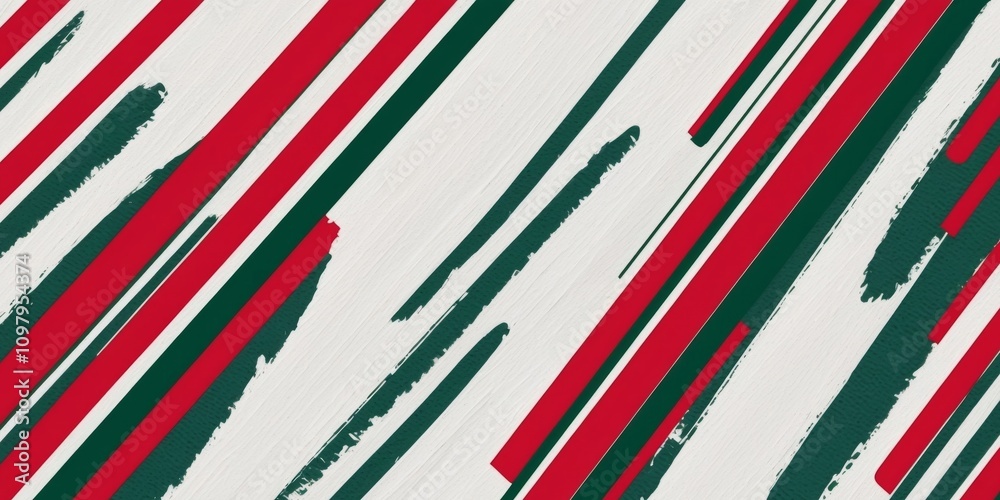 Fototapeta premium Festive red and green diagonal stripes background with abstract brush stroke texture for holiday design projects.