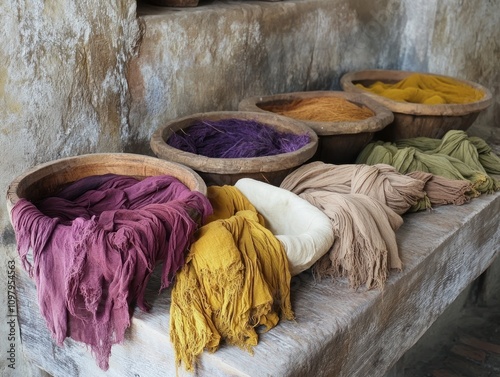 Historical dyeing techniques using natural materials to create rich, lasting colors for fabrics photo