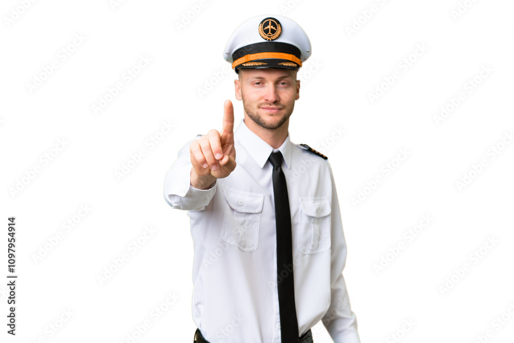 Airplane pilot man over isolated background showing and lifting a finger Airplane pilot man over isolated background showing and lifting a finger