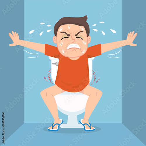 Man Sitting On Toilet Pain Poop. Painful Defecation, Hard Poop. Flat, Vector, Illustration, Cartoon, EPS10. 