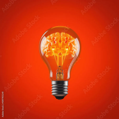 glowing lightbulb with brain inside, symbolizing creativity and ideas. vibrant orange background enhances visual impact