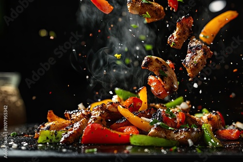 Wallpaper Mural Sizzling fajitas with grilled peppers and onions floating mid-air on a black backdrop Torontodigital.ca