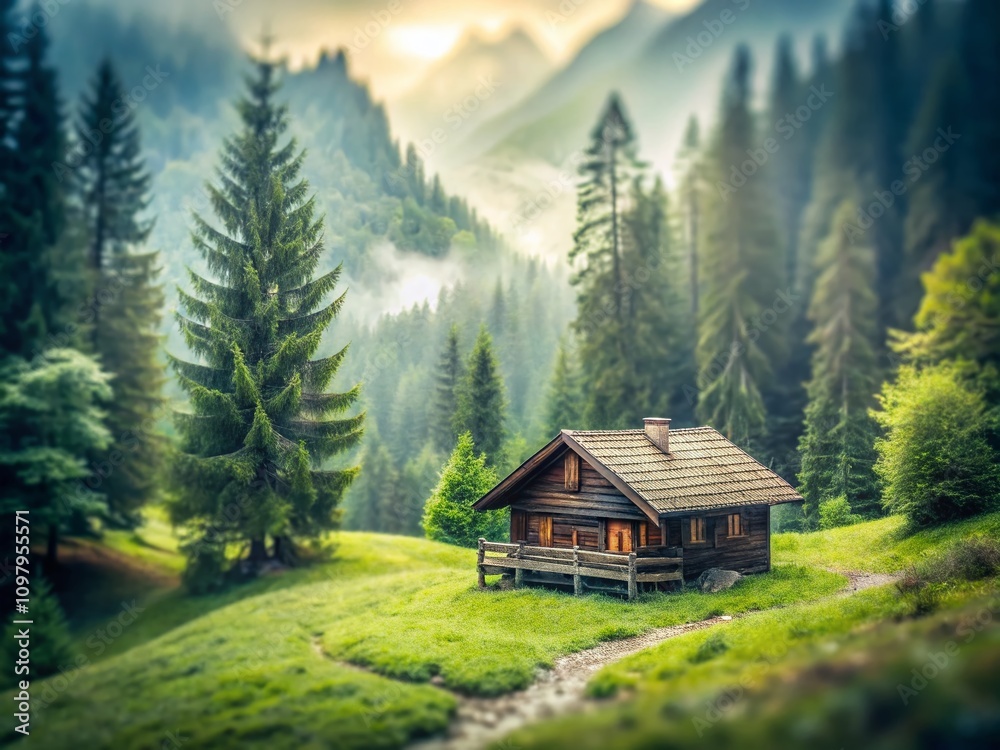 Serene Alpine Cabin Nestled in a Forest Clearing, Captured in Tilt-Shift Style with Saturation Reduced for a Dreamy, Ethereal Quality in the Heart of the Alps Serene Alpine Cabin Nestled in a Forest Clearing, Captured in Tilt-Shift Style with Saturation Reduced for a Dreamy, Ethereal Quality in the Heart of the Alps