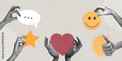 Fashionable halftone collage. Customer satisfaction concept, opinion of service, customer feedback. Feedback, evaluation of product, service, rating. Illustration for presentations, web banners