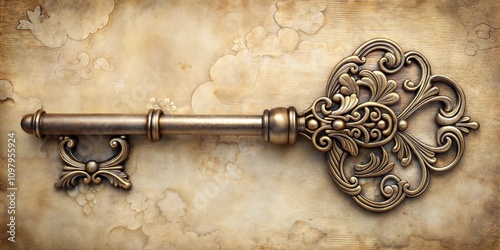 Intricate Vintage Key with Detailed Engravings Against Antique Backdrop