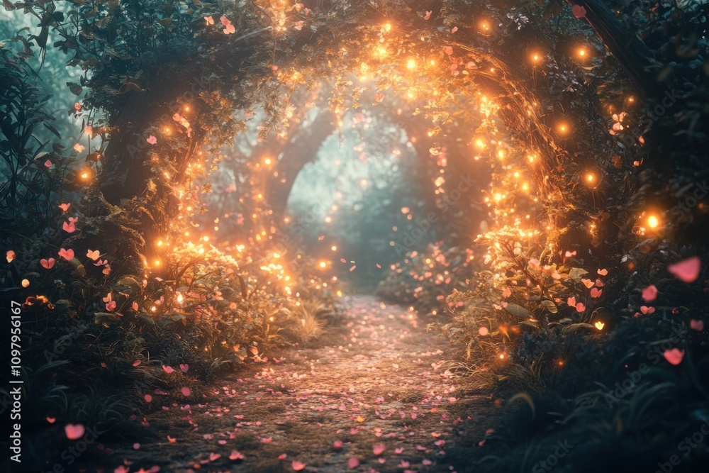 Fototapeta premium A winding path meanders through a vibrant forest, illuminated by soft lights and scattered with delicate flying petals, creating an enchanting atmosphere at dusk.