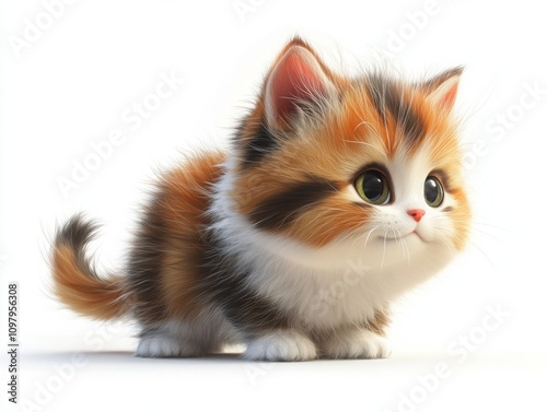 Cute cartoon cat with big eyes and fluffy fur on a pristine white background in stunning 3D style