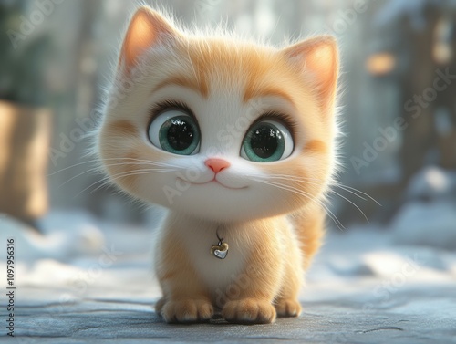 Cute cartoon cat with big eyes and fluffy fur on a pristine white background in stunning 3D style