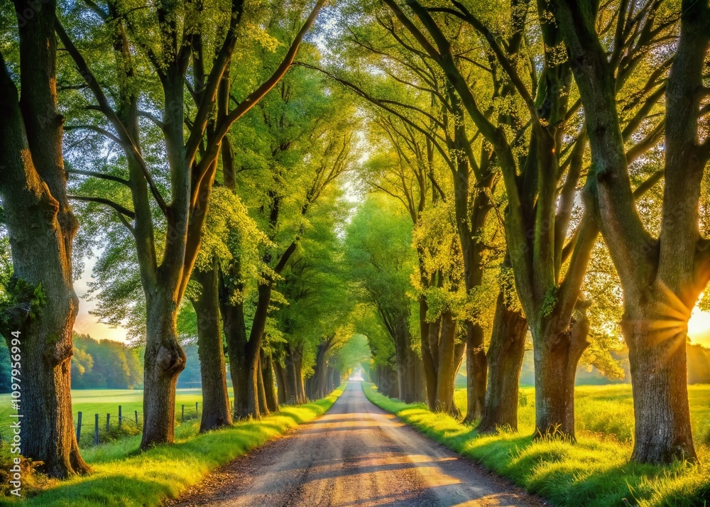 Serene Dirt Road Surrounded by Lush Green Trees Under a Radiant Sunlight, Perfect for Nature Scenery and Outdoor Photography Enthusiasts Serene Dirt Road Surrounded by Lush Green Trees Under a Radiant Sunlight, Perfect for Nature Scenery and Outdoor Photography Enthusiasts