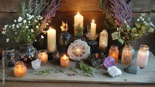 Wiccan magic rituals performed to manifest intentions, using herbs, crystals, and elemental energy