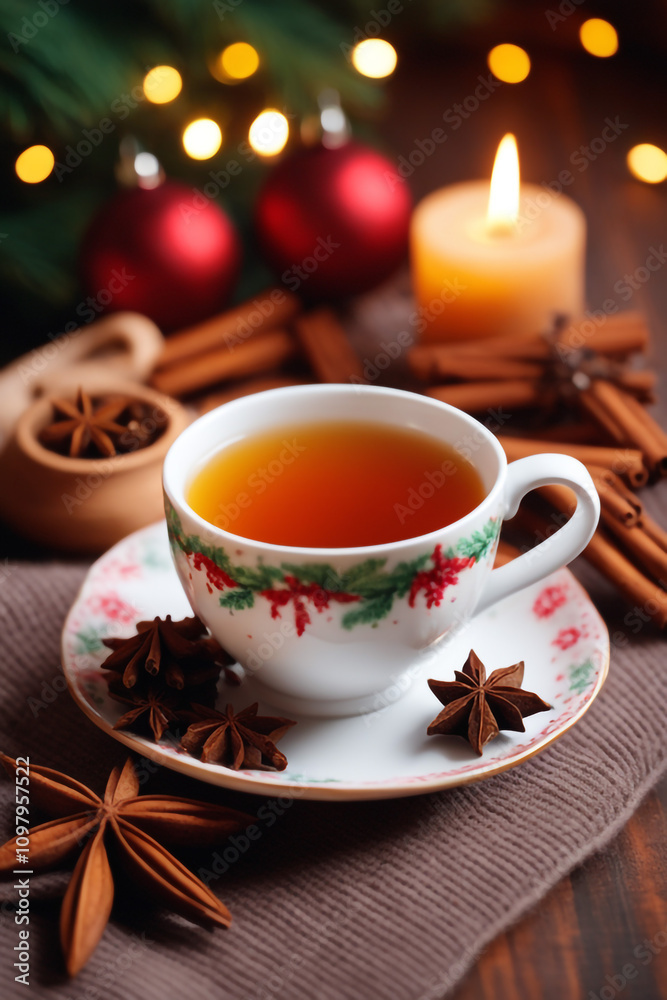 Fototapeta premium Christmas composition with a cup of tea spices on a knitted element christmas drink background