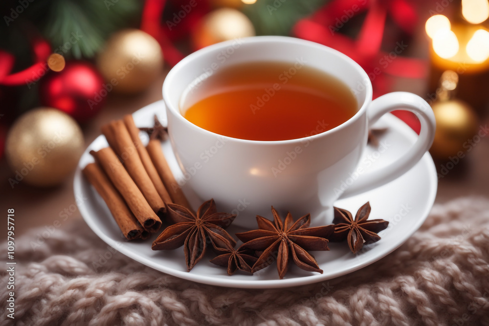 Christmas composition with a cup of tea spices on a knitted element christmas drink background Christmas composition with a cup of tea spices on a knitted element christmas drink background