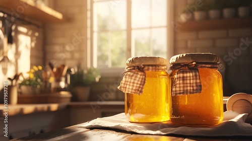 Golden Honey Jars In A Sunny Kitchen Setting