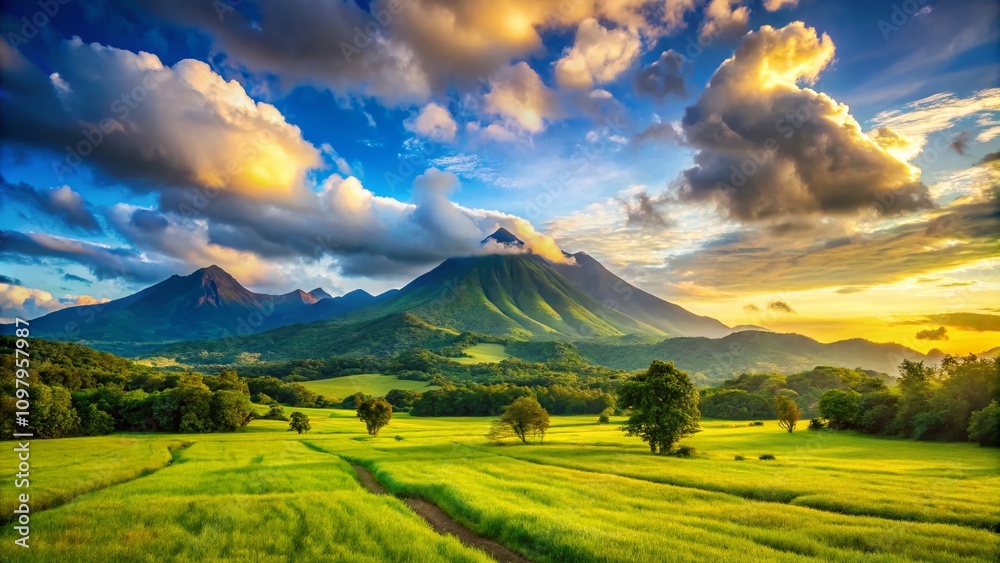 Obraz premium Serene Landscape with Lush Green Fields and a Majestic Mountain Backdrop, Perfect for Nature Lovers Seeking Tranquility and Inspiration in Photography