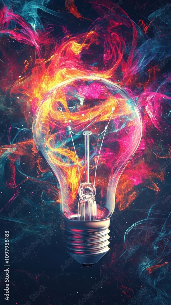 White lightbulb bursting with neon colors on black background White lightbulb bursting with neon colors on black background