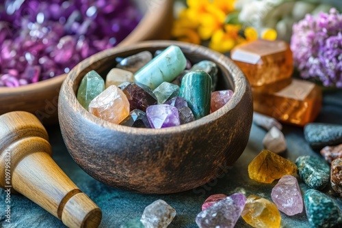 Sound therapy combined with crystals for deep energy cleansing and chakra balancing photo