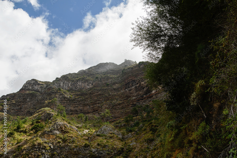 view of the mountains from the trail leading to Curral das Freiras (The Valley of the Nuns), Madeira, Portugal