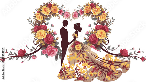 A romantic silhouette illustration of a bride and groom 