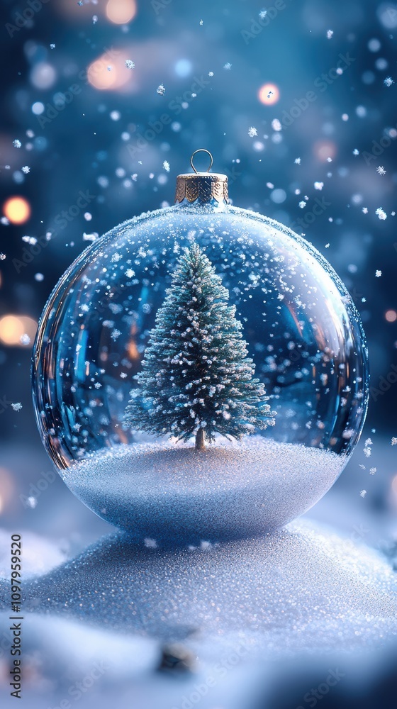 Blue and white christmas scene with mini tree in glass ball Blue and white christmas scene with mini tree in glass ball