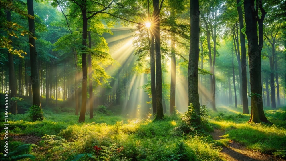 Serene Morning in the Forest with Rays of Light Breaking Through the Trees, Evoking the Tranquility and Beauty of Nature's Awakening at Dawn Serene Morning in the Forest with Rays of Light Breaking Through the Trees, Evoking the Tranquility and Beauty of Nature's Awakening at Dawn