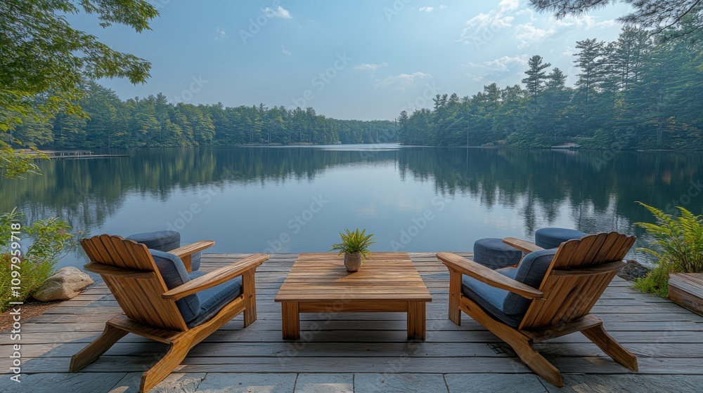 Tranquil lake view with wooden dock, adirondack chairs, and coffee table surrounded by nature at sunset Tranquil lake view with wooden dock, adirondack chairs, and coffee table surrounded by nature at sunset