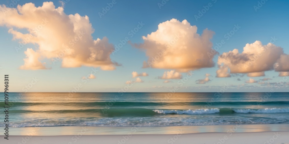 Fototapeta premium Tranquil Ocean Waves Gently Lapping on a Serene Beach Under a Clear Blue Sky with Fluffy Clouds at Sunrise or Sunset in a Coastal Setting.