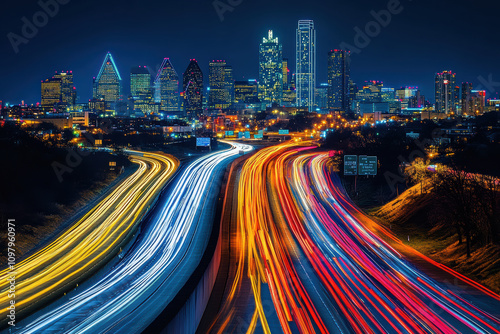 Busy city highway with light streaks at night