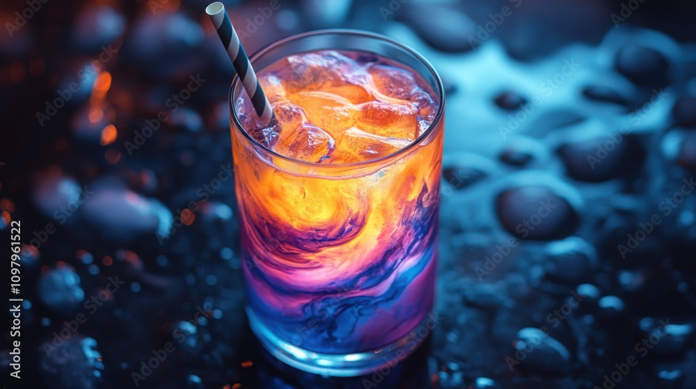 Colorful cocktail served in elegant glass with vibrant layers garnished with fruit on a dark bar counter Colorful cocktail served in elegant glass with vibrant layers garnished with fruit on a dark bar counter