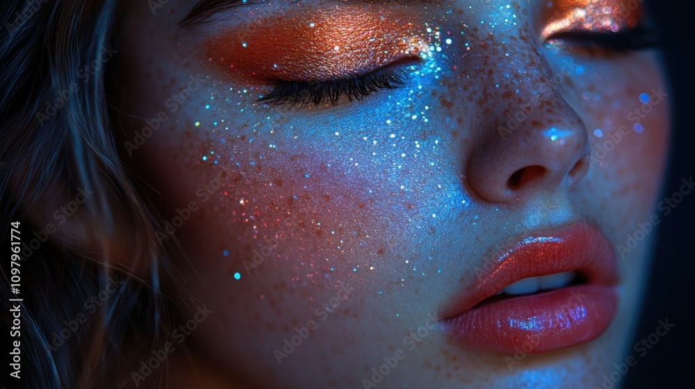 A stunning girl with closed eyes showcases vibrant makeup featuring bold colors and highlights, creating an artistic and captivating aesthetic in low light.