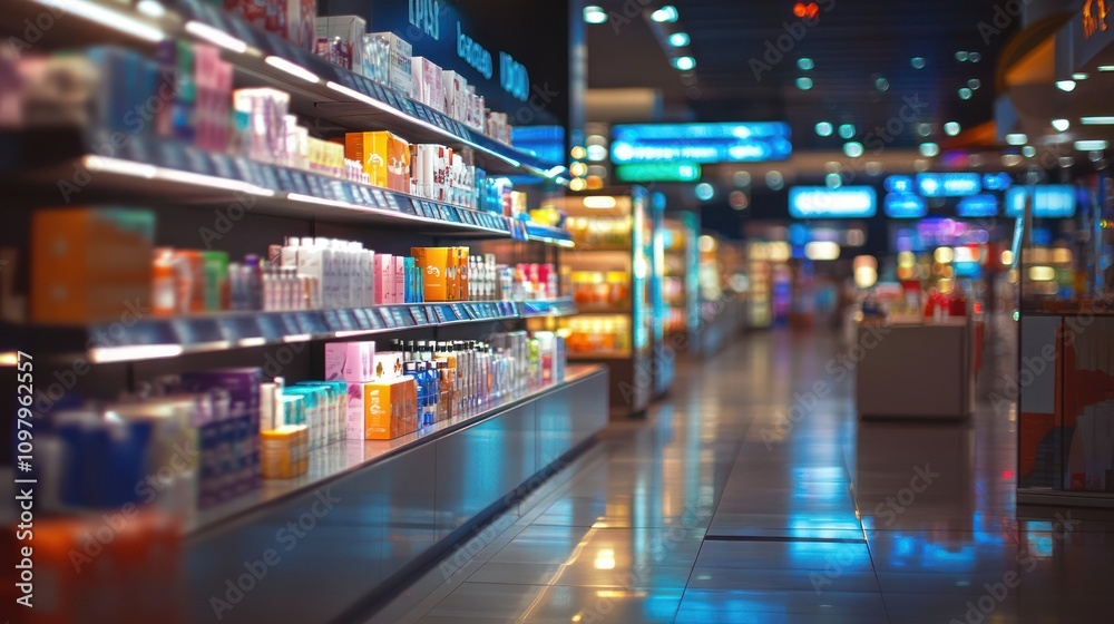 Well-lit store aisle with products. Well-lit store aisle with products.