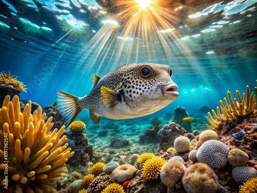Serene Underwater Landscape Featuring Tetrosomus gibbosus Amidst Vibrant Coral Reefs and Colorful Marine Life in a Crystal Clear Ocean Environment photo