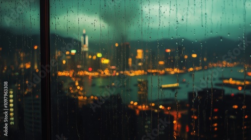 Rain on window with blurred city lights in the background, perfect for cozy vibes photo