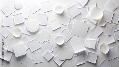 Set of White Paper Stickers on a Minimalist White Background, Perfect for Creative Projects, Branding, and Custom Designs, Showcasing Versatility and Clean Aesthetic Appeal