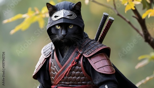 illustration portrait of a cat with a ninja costume and katana swords representing a fearsome assassin photo