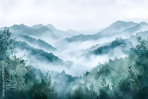 A tranquil watercolor painting depicting a misty mountain range with lush greenery in the foreground. The soft, muted tones create a sense of peace and serenity, symbolizing nature, tranquility, seren photo