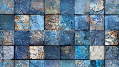 A wall of square stone tiles in shades of blue, brown, and gray.