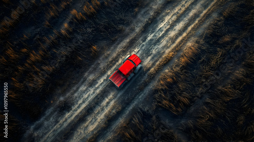 Aerial View Red Truck on Dirt Road Illustration