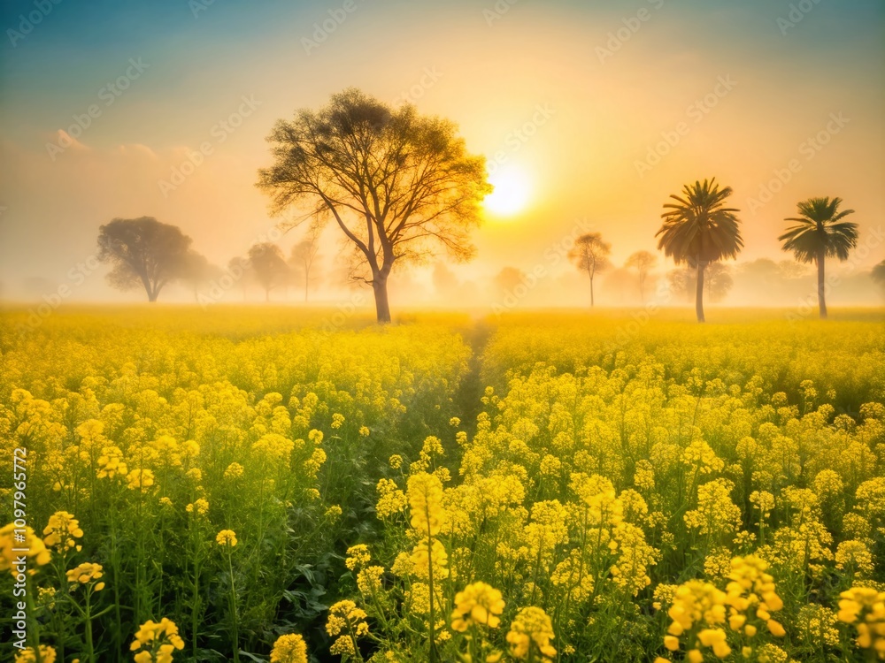 Obraz premium Silhouette Photography of a Foggy Morning in a Mustard Field, Capturing the Essence of Rural India During Winter Season with Soft Light and Lush Yellow Fields