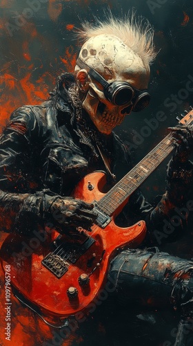 A surreal depiction of a guitarist wearing a skull mask and goggles, set in a dystopian, red-hued environment. This AI-generated image evokes themes of rebellion, punk culture, and post-apocalyptic photo