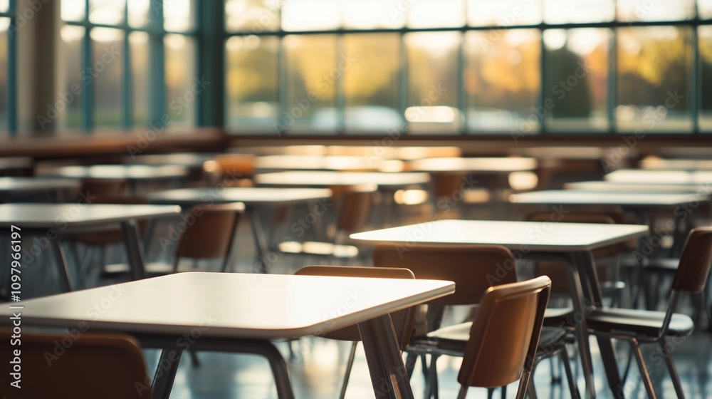 Empty school cafeteria tables during off-peak hours, a serene moment of reflection on the passage of time and the transient nature of youth. Empty school cafeteria tables during off-peak hours, a serene moment of reflection on the passage of time and the transient nature of youth.
