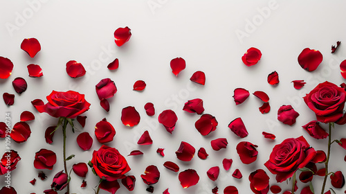 Red roses and rose petals on a white background, Valentine's Day concept. photo