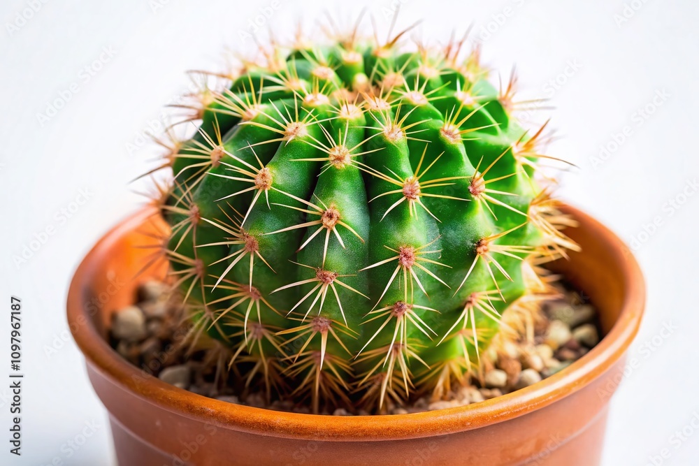 Small Round Cactus in Terracotta Pot on White Background: Ideal Indoor Decoration with Low Maintenance Spiky Green Plant for Modern Homes and Offices Small Round Cactus in Terracotta Pot on White Background: Ideal Indoor Decoration with Low Maintenance Spiky Green Plant for Modern Homes and Offices
