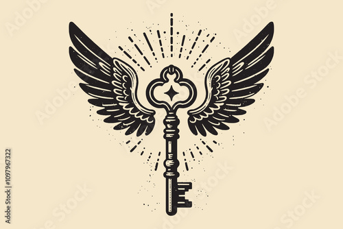 Key with wings. Vintage vector engraving illustration, emblem, logo, print. Cut out, isolated.