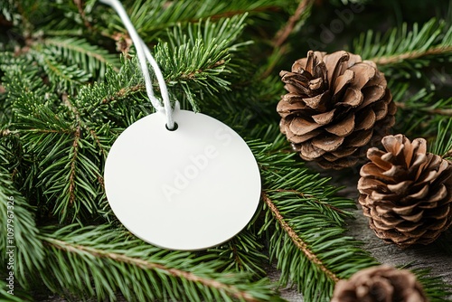 Wallpaper Mural Christmas round white tag mockup with white cord, close up on natural fir tree branch, with cones and Christmas decoration, Christmas sale concept. Blank paper circle laber product tag mockup  Torontodigital.ca