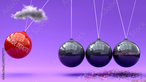 Trade Deficits leads to currency depreciation. A Newton cradle metaphor in which trade deficits sets currency depreciation in motion. Cause and effect relation between them ,3d illustration photo