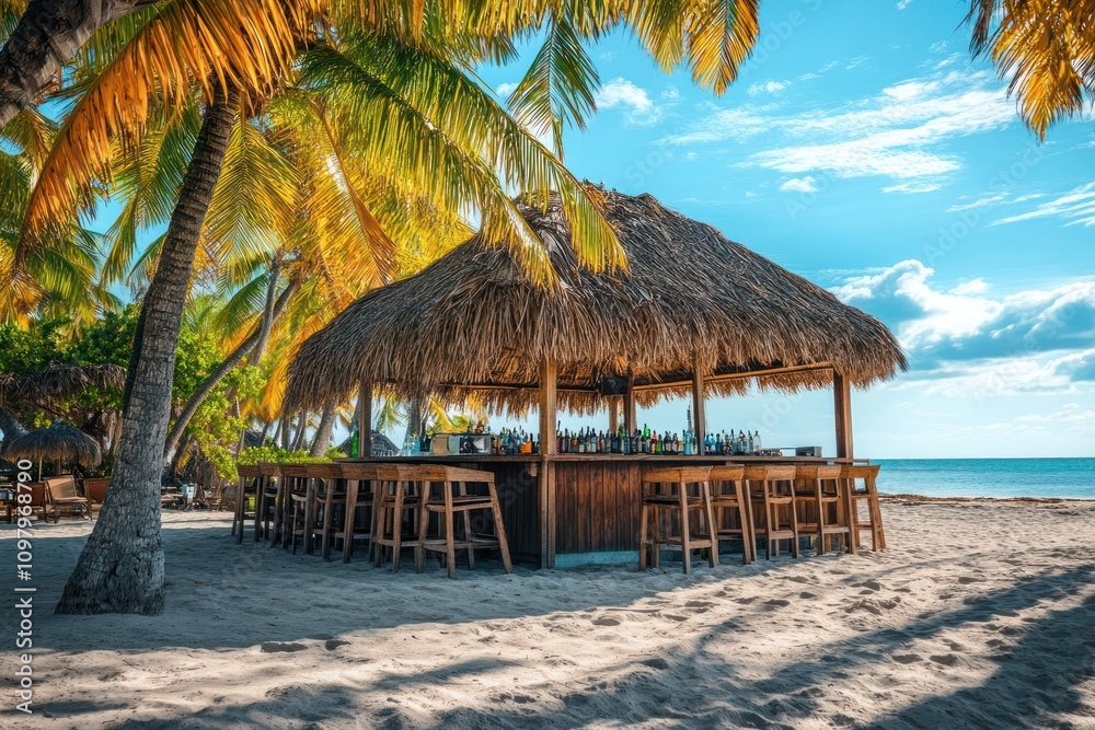 Fototapeta premium Tropical Beach Bar Under Palm Trees