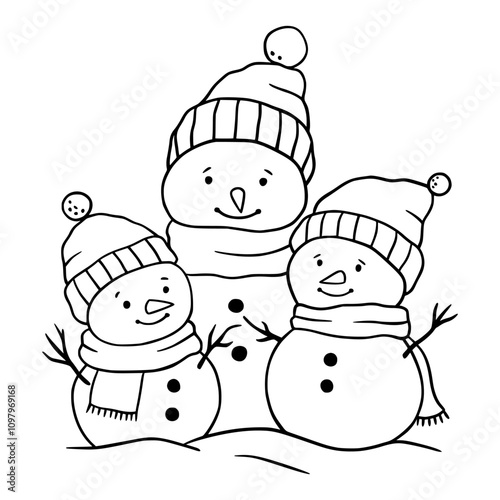 Three cute cartoon snowman family in hat and scarf. Black contour on white background. Outline drawing. Line vector illustration. Isolated on white background. Good for posters, t shirt, postcards.