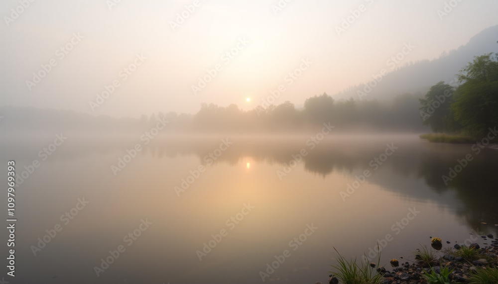 Fototapeta premium Mist-kissed River winds through the tranquil landscape, bathed in the soft glow of the rising sun
