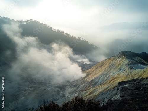 Volcanic gases rising from the crater at Ijen, creating a misty, surreal landscape photo